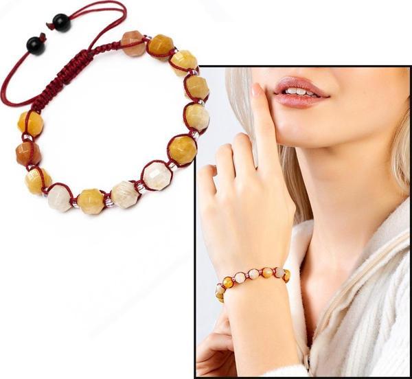 Makrome Örgülü Faset Kesim Akik Doğaltaş Kadın Bileklik - Image 1