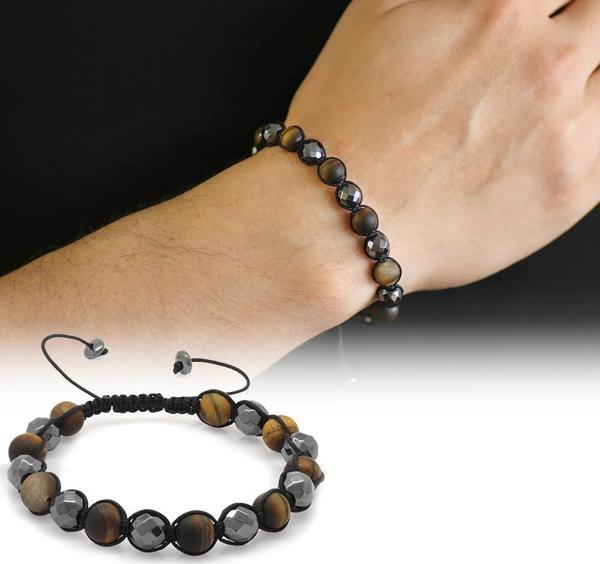 Makrome Örgülü Küre Kesim Mat Kaplangözü-Fasetalı Hematit Kombinli Doğaltaş Bileklik - Image 1