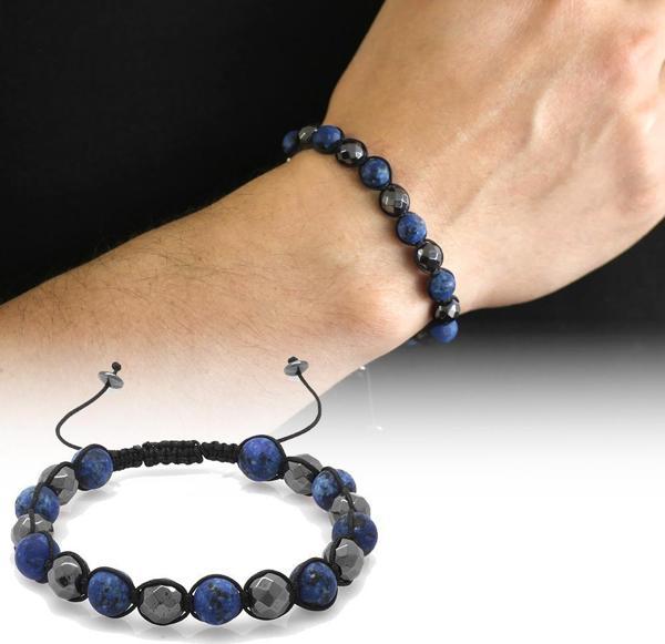 Makrome Örgülü Küre Kesim Mat Lacivert Ceyt-Fasetalı Hematit Kombinli Doğaltaş Bileklik - Image 1