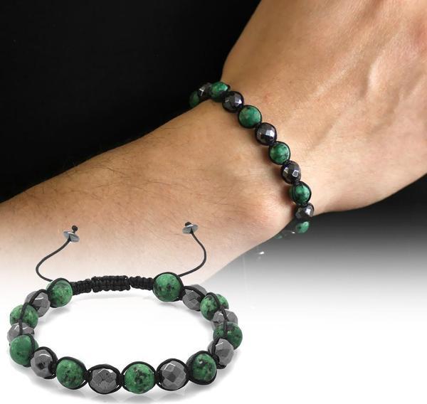 Makrome Örgülü Küre Kesim Mat Yeşil Ceyt-Fasetalı Hematit Kombinli Doğaltaş Bileklik - Image 1