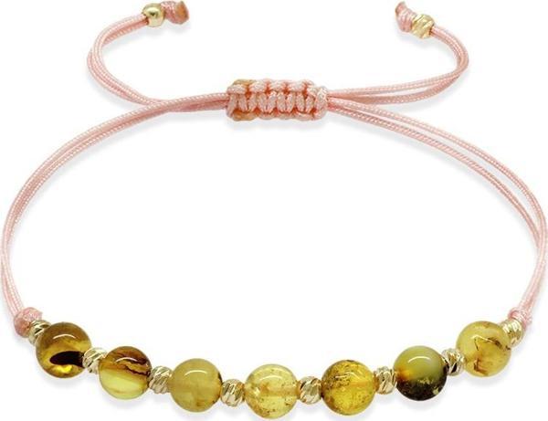 Makrome Örgülü Küre Kesim Pembe İpli Dorika Top Süslemeli Sarı Renk Fosilli Doğal Damla Kehribar Kadın Bileklik - Image 1