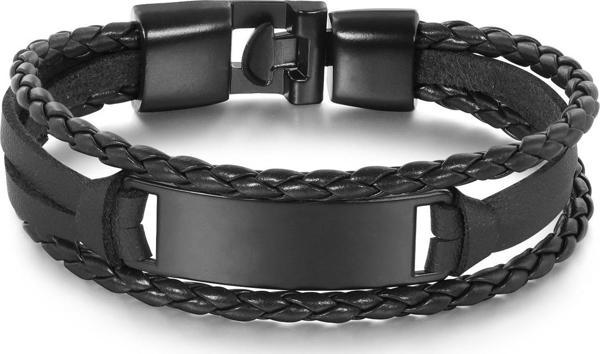 Minimal Tasarım Siyah Deri Siyah Plaka Kişiye Özel İsim Harf Yazılı Erkek Bileklik - Image 1