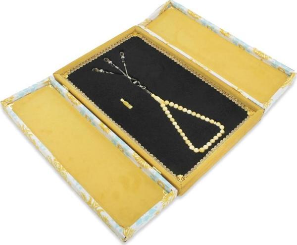 Özel Premium Kutulu 1000 Ayar Kazaz Püsküllü Küre Kesim King Seccer Beyaz-Sarı Hareli Damla Kehribar Tesbih - Image 1