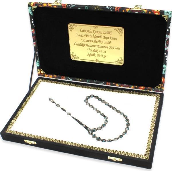 Özel Premium Kutulu Kumpas İşçilikli Gümüş-Firuze İşlemeli Arpa Kesim Erzurum Oltu Taşı Tesbih - Image 1