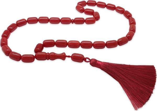 Osmanlı Saray Püsküllü Mega Boy Uçlu Kapsül Kesim Koyu Kırmızı Sıkma Kehribar Tesbih - Image 1