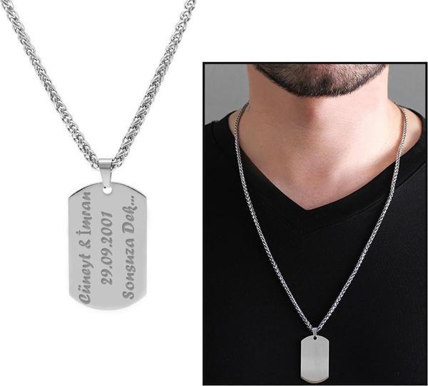 Oval Tasarım Kişiye Özel İsim Yazılı Silver Renk Çelik Erkek Kolye - Image 1