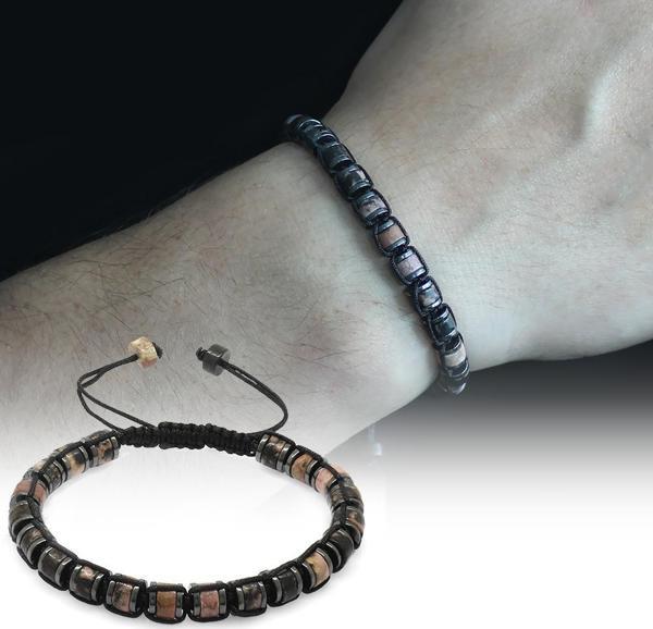 Silindir Kesim Makrome Örgülü Kuvars-Hematit Kombinli Doğaltaş Erkek Bileklik - Image 1