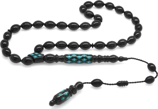 Sistemli Gümüş-Firuze İşlemeli Her Tanesi Kumpas İşçilikli Arpa Kesim Erzurum Oltu Taşı Tesbih - Image 1