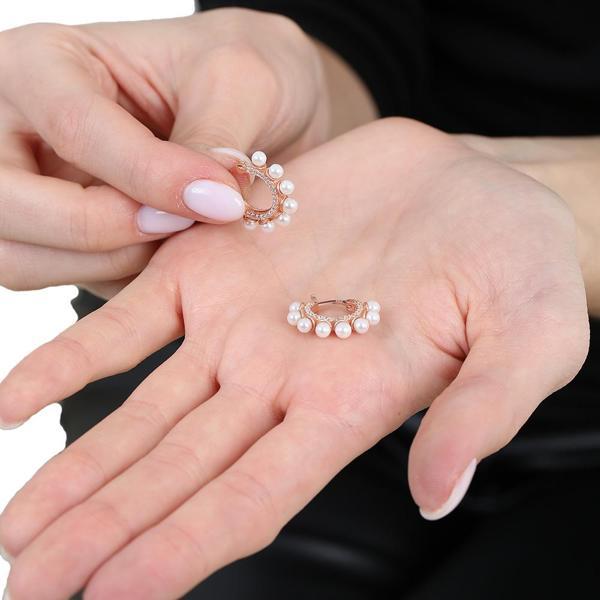 Sıralı İnci Taşlı Rose Renk Yarım Tur 925 Ayar Gümüş Kadın Küpe - Image 1