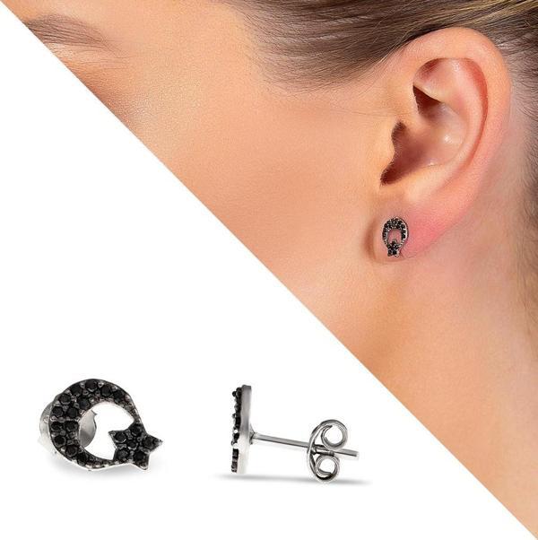 Siyah Zirkon Taşlı Ayyıldız Tasarım 925 Ayar Gümüş Kadın Küpe - Image 1