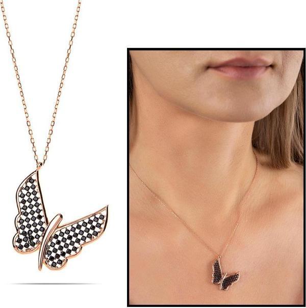 Siyah Zirkon Taşlı Zarif Tasarım Rose Renk 925 Ayar Gümüş Kelebek Kolye - Image 1