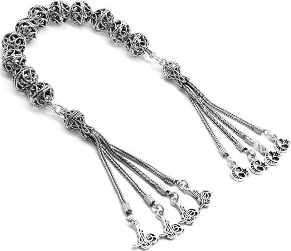 Tuğra-Ayyıldız Püsküllü Telkari Tasarım Küre Kesim 925 Ayar Gümüş Zaza Tesbih - Image 1