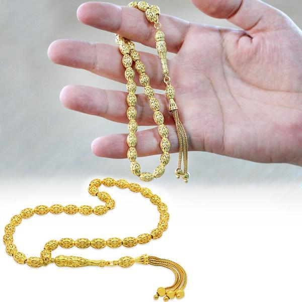 Üçlü Kamçı Püsküllü Petek Tasarım Arpa Kesim Gold Renk 925 Ayar Gümüş Tesbih - Image 1