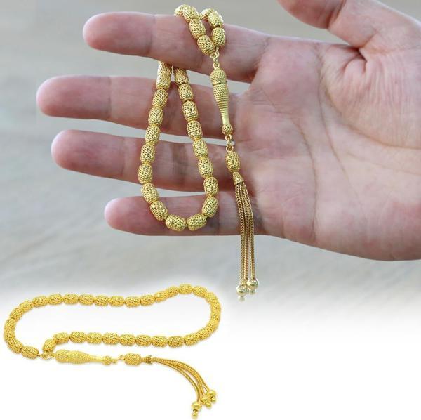 Üçlü Kamçı Püsküllü Telkari Tasarım Kapsül Kesim Gold Renk 925 Ayar Gümüş Tesbih - Image 1