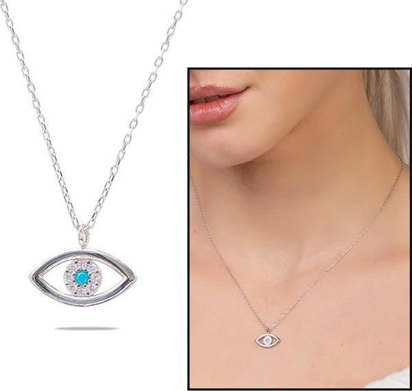 Zirkon Taşlı Göz Tasarım Silver Renk 925 Ayar Gümüş Kadın Kolye - Image 1