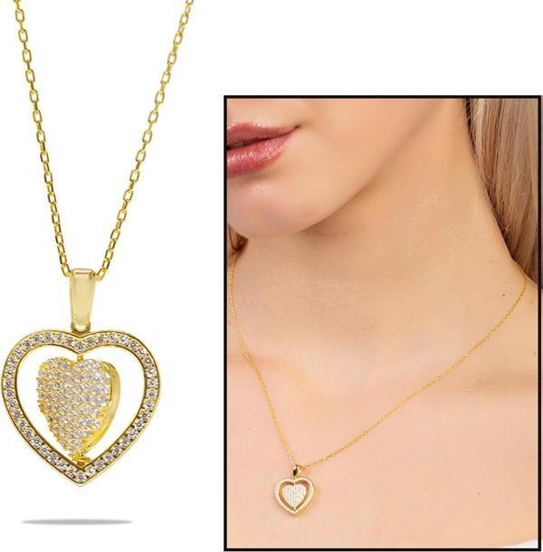 Zirkon Taşlı Kalp Model Gold Renk Kişiye Özel İsim Harf Yazılı 925 Ayar Gümüş Kadın Kolye - Image 1