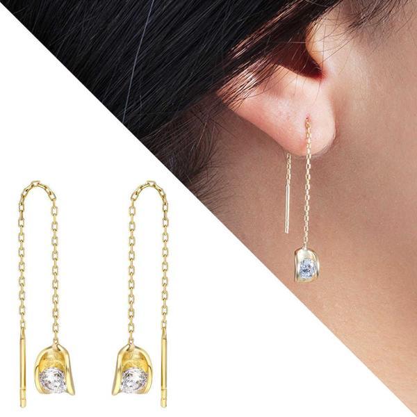 Zirkon Tektaşlı Sandviç Tasarım Gold Renk 925 Ayar Gümüş Sallantılı Küpe - Image 1