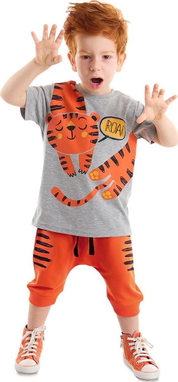 Roar Kaplan Turuncu Erkek Çocuk Yazlık T-shirt Kapri Şort Takım - Image 1