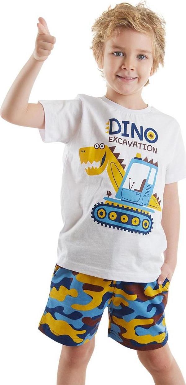 Dino Kazı Erkek Çocuk Yazlık T-shirt Kamuflaj Şort Takım - Image 1