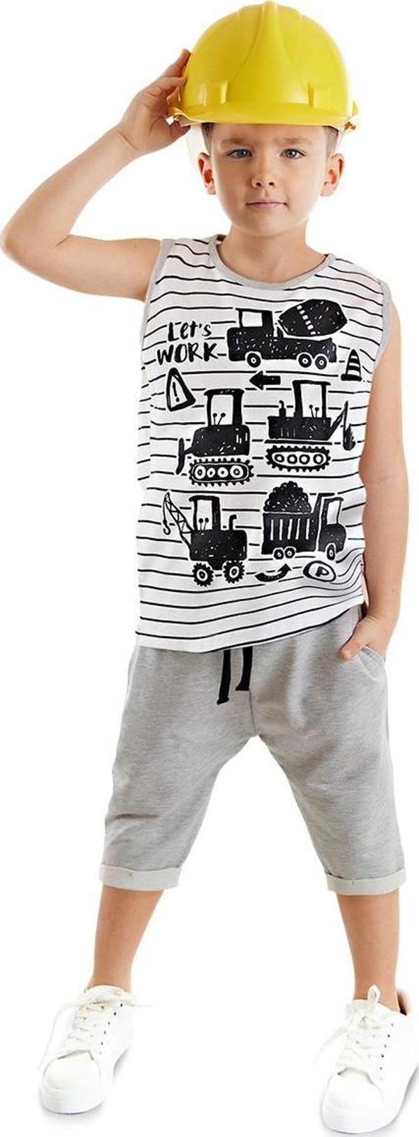 İnşaat Aracı Erkek Çocuk Yazlık Çizgili T-shirt Kapri Şort Takım - Image 1