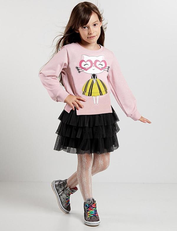 Kalp Gözlük Kız Çocuk Tüllü Sweatshirt Etek Takım - Image 1