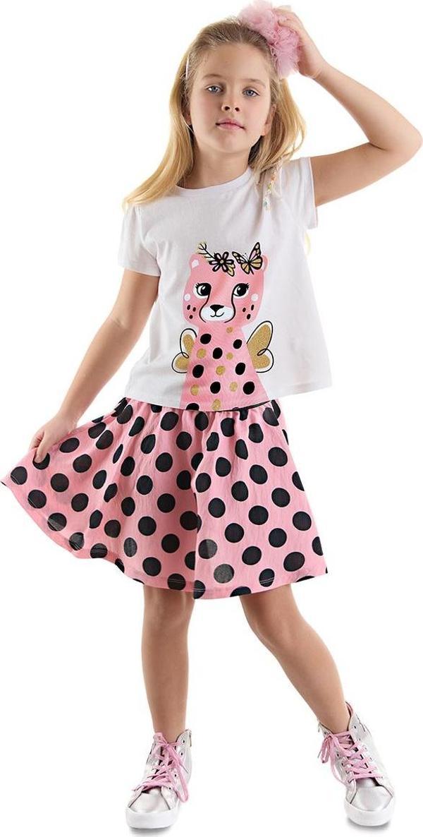 Puantiyeli Çita Kız Çocuk Yazlık T-shirt Pembe Etek Takım - Image 1