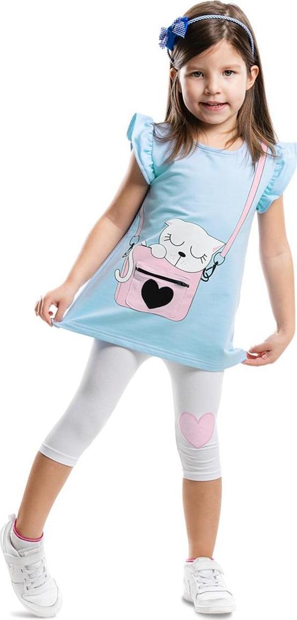 Kedili Cep Detaylı Kız Çocuk Mavi Beyaz Yazlık T-shirt Tunik Tayt Takım - Image 1