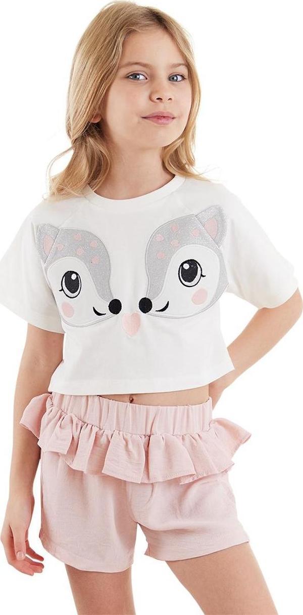 İkiz Ceylan Kız Çocuk Yazlık Crop T-shirt Fırfırlı Şort Takım - Image 1
