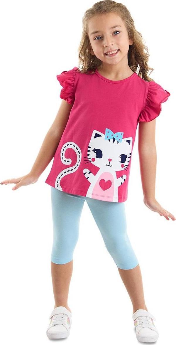 Fırfırlı Kedicik Kız Çocuk T-shirt Tayt Takım - Image 1
