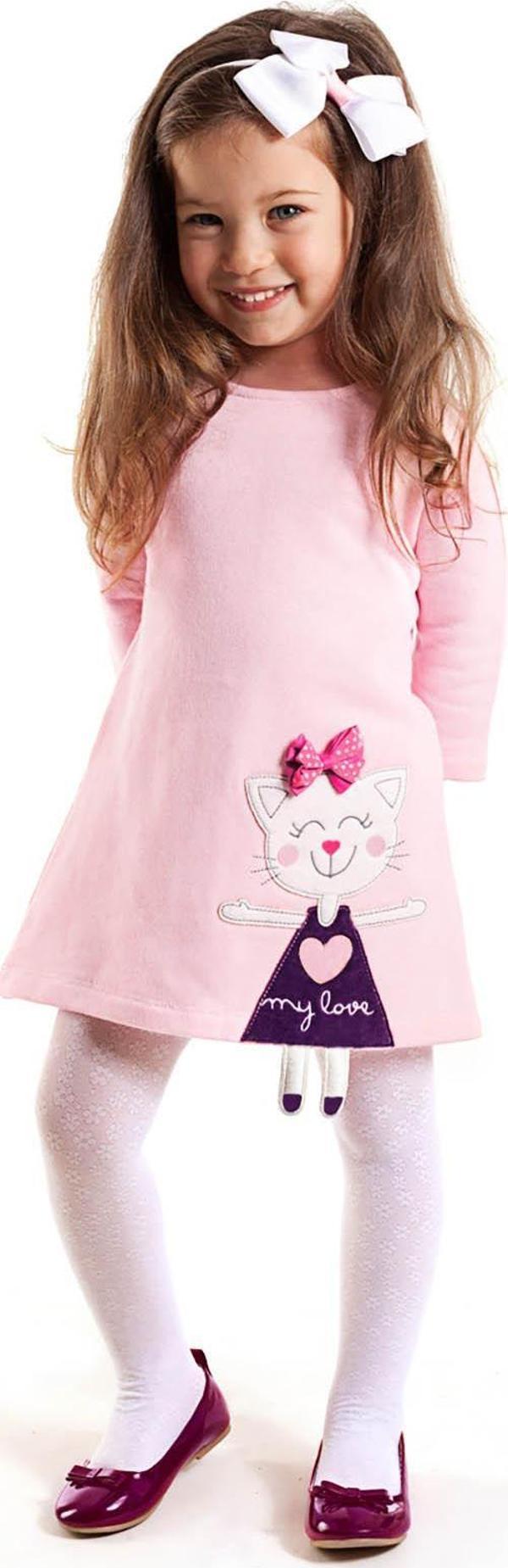 Pembe Yaramaz Kedi Kız Çocuk Kışlık Uzun Kollu Elbise - Image 1