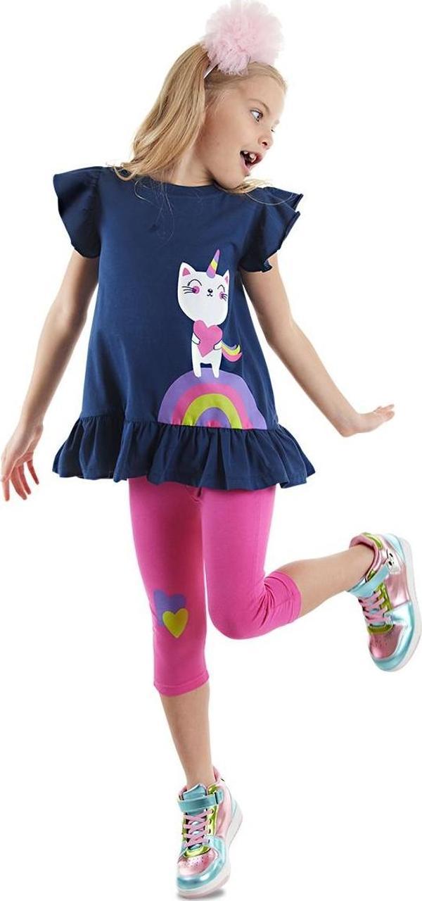 Lacivert Pembe Unicorn Kedi Fırfırlı Kız Çocuk Yazlık T-shirt Tayt Takım - Image 1