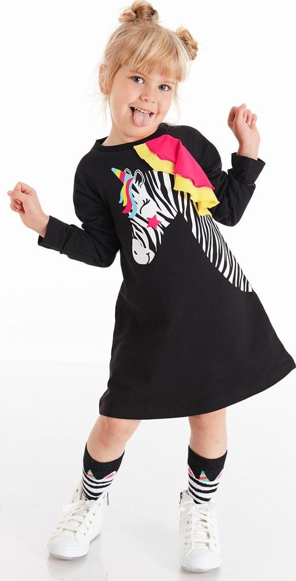 Siyah Unicorn Zebra Kız Çocuk Uzun Kollu Fırfır Detaylı Elbise - Image 1