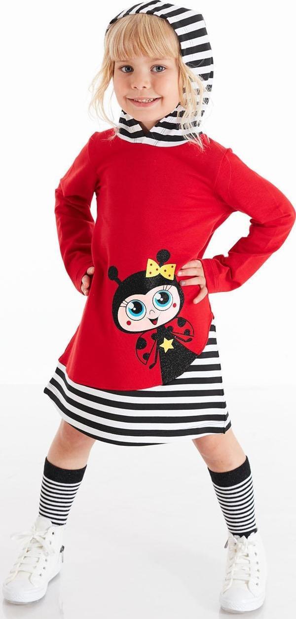 Uğurböceği Kapişonlu Çizgili Uzun Kollu Kız Çocuk Kırmızı Elbise - Image 1