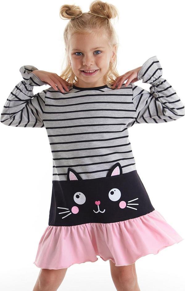 Siyah Kedi Çizgili Kız Çocuk Gri Kışlık Elbise - Image 1