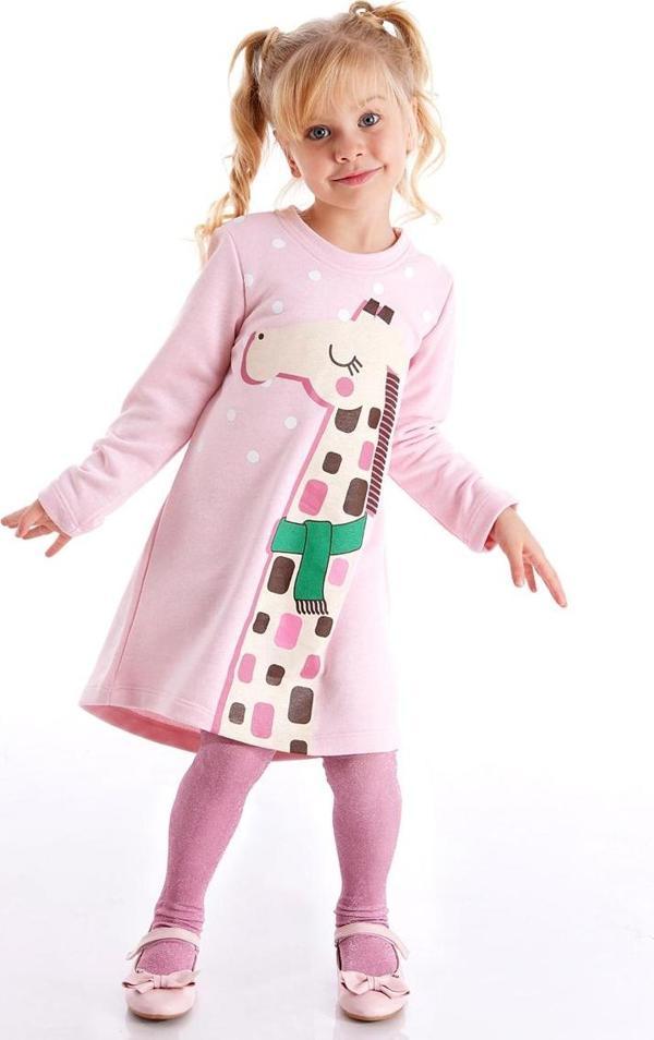 Cool Zürafa Kız Çocuk Pembe Kışlık Uzun Kollu Elbise - Image 1