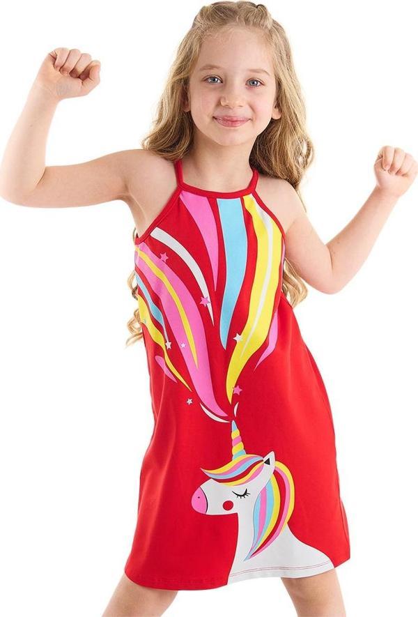 Unicorn Love Kız Çocuk Askılı Kırmızı Yazlık Elbise - Image 1