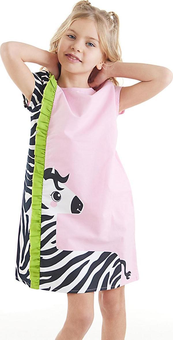 Fırfırlı Zebra Kız Çocuk Pembe Yazlık Elbise - Image 1