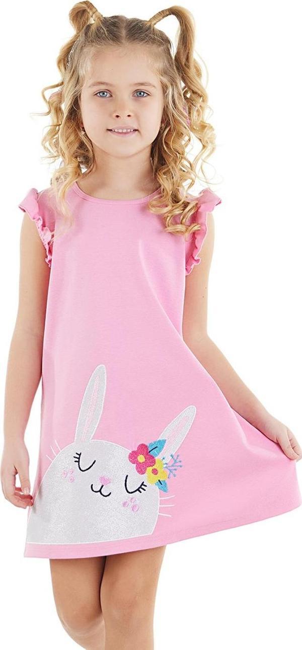 Tavşanlı Fırfırlı Pamuklu Kız Çocuk Pembe Yazlık Elbise - Image 1