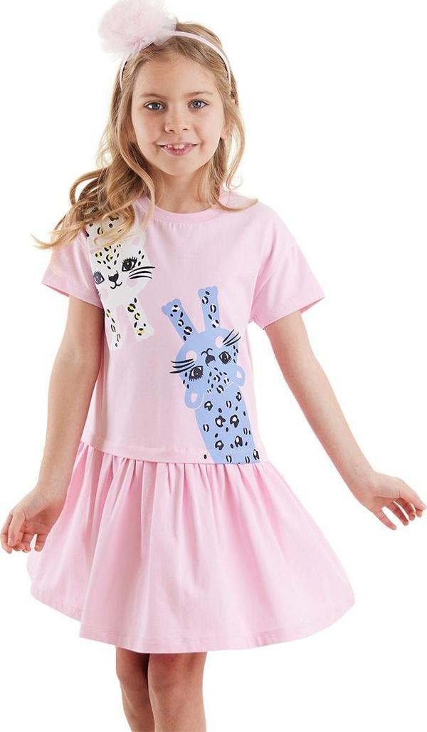 Leopar Eteği Büzgülü Kız Çocuk Pembe Yazlık Penye Elbise - Image 1