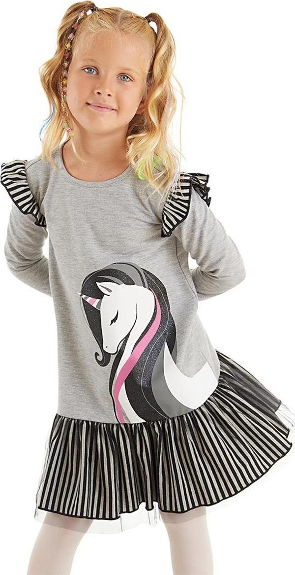 Zarif Unicorn Gri Kız Çocuk Elbise - Image 1
