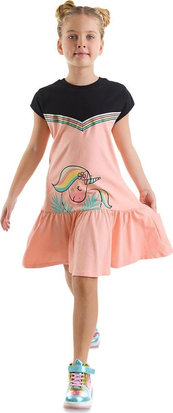 Çiçekli Unicorn Kız Çocuk Somon Siyah Yazlık Penye Elbise - Image 1
