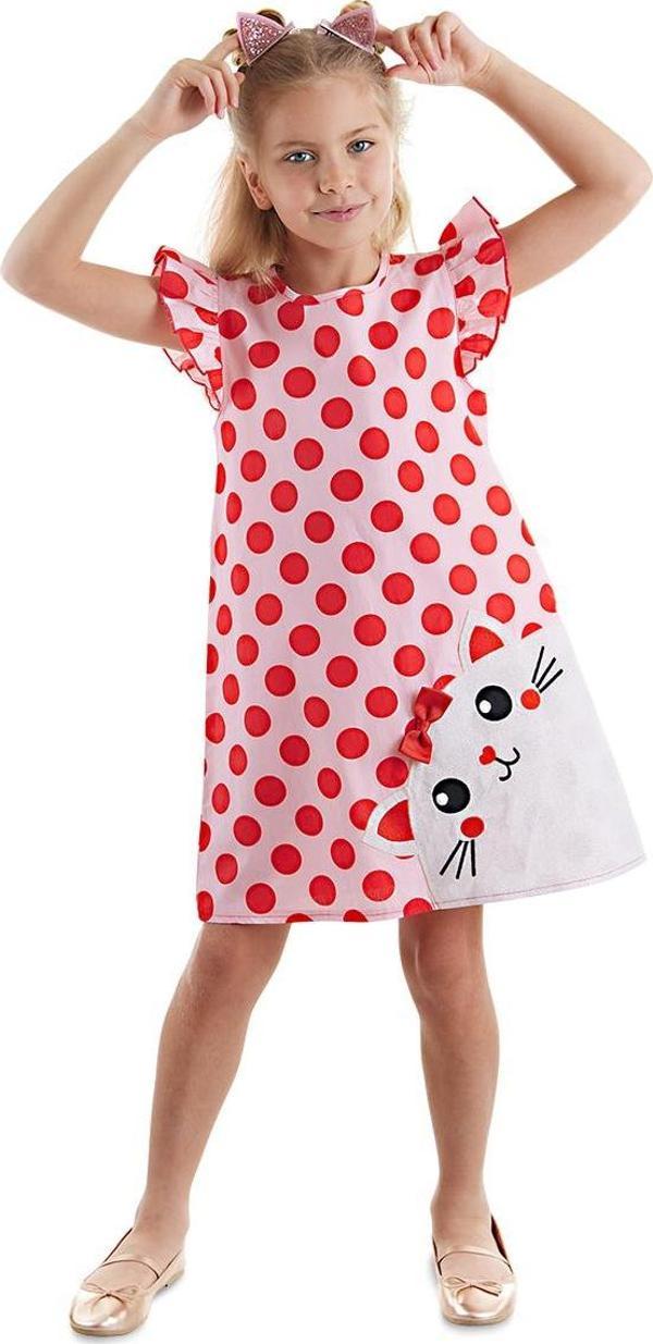Tombiş Kedi Kız Çocuk Poplin Pembe Fırfırlı Yazlık Elbise - Image 1