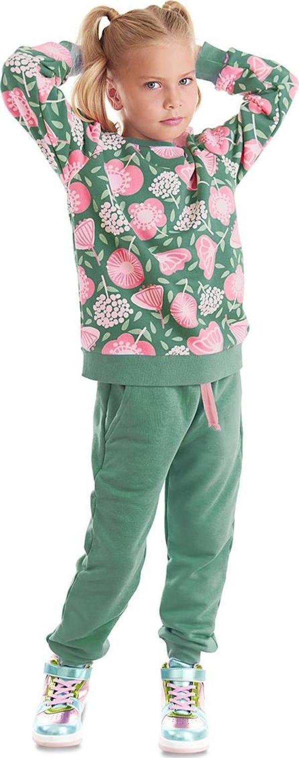 Pembe Çiçekli Kız Çocuk Yeşil Kışlık Eşofman Takım - Image 1