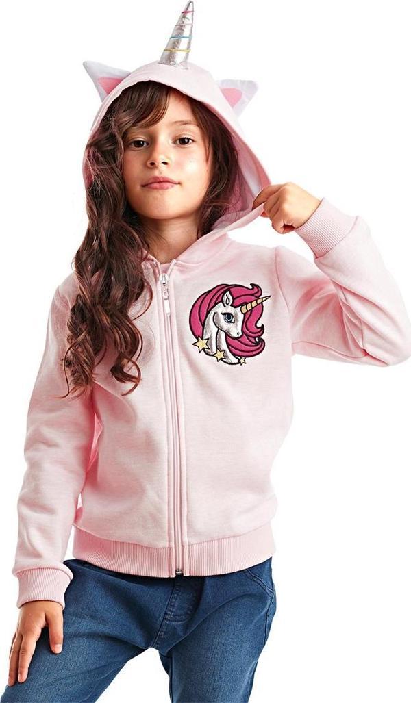 Unicorn Kapüşonlu Pembe Kız Çocuk Hırka - Image 1