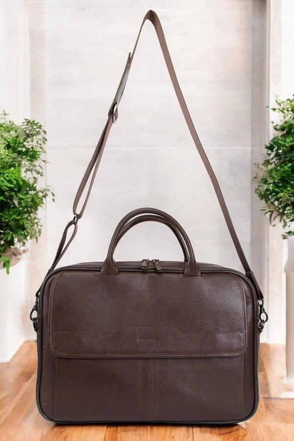 Lüx Hakiki Deri 14-15.6" İnç Kahverengi Laptop & Evrak Çantası - Image 1