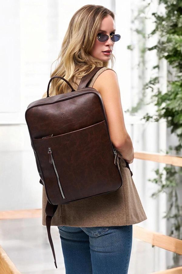 Organizer Premium Deri 16" inç Crazy Kahve Sırt Laptop Çantası - Image 1