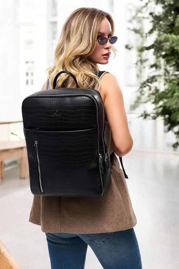 Organizer Premium Deri 16" inç Kroko Siyah Sırt Laptop Çantası - Image 1