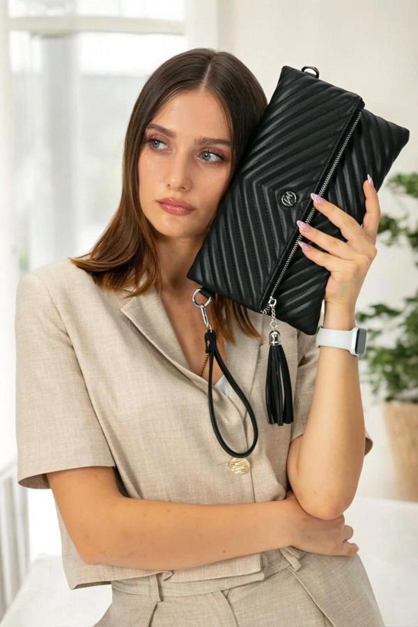Uzun Askılı Kadın Siyah Clutch Portföy Çantası - Image 1