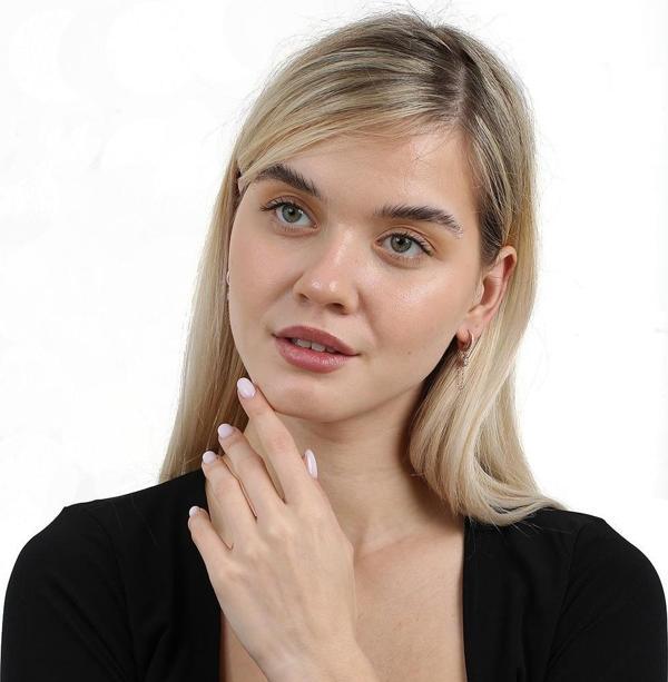 Mavi-Beyaz Zirkon Taşlı Çiçek Model Rose Renk 925 Ayar Gümüş Sallantılı Kadın Küpe - Image 1