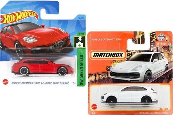 2 Araç Porsche Set - Hot Wheels Panamera Turbo S & Matchbox Cayenne Turbo (1/64) - Image 1